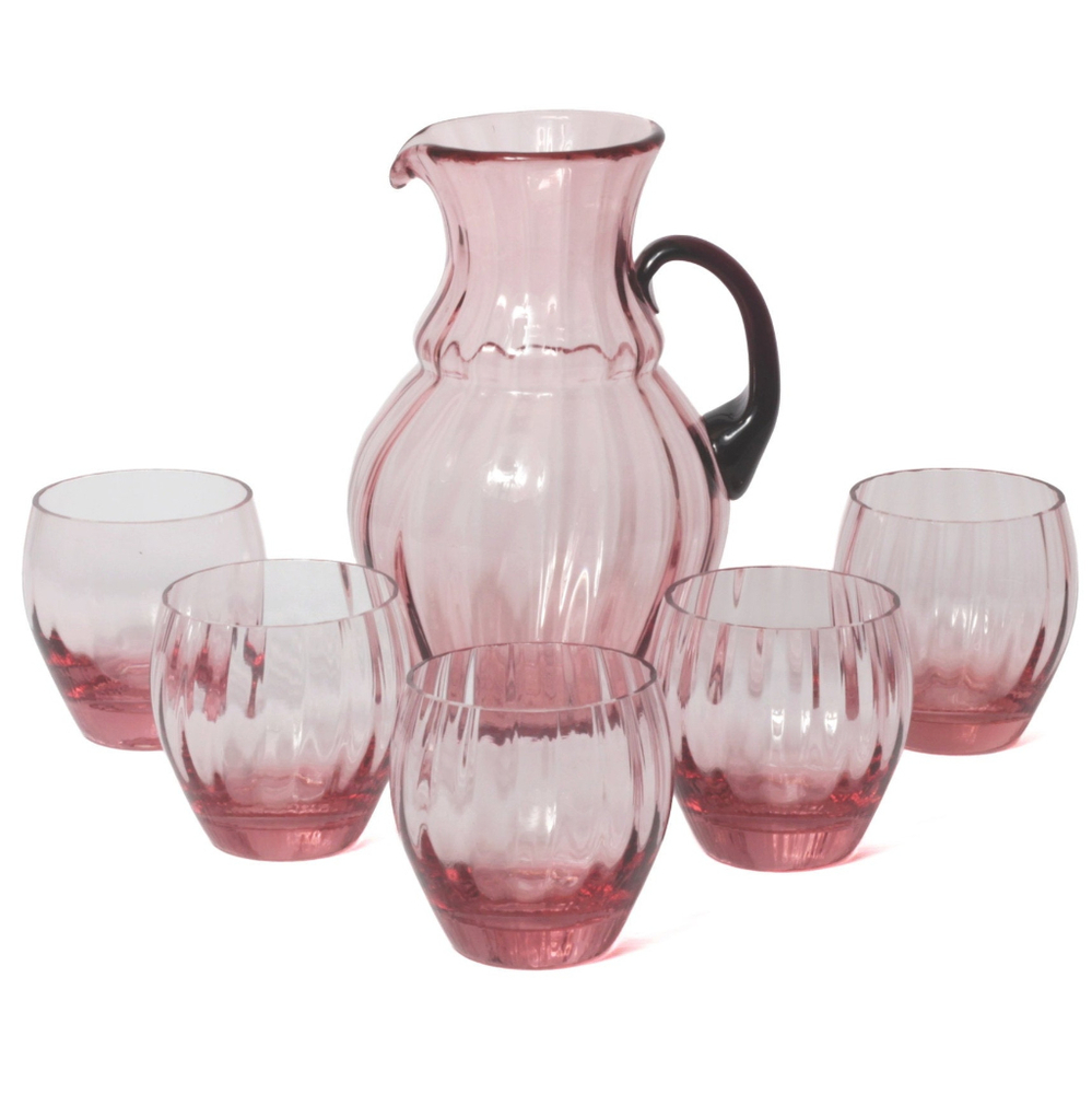 Vintage Czech cranberry pink and amethyst water pitcher jug and glass set