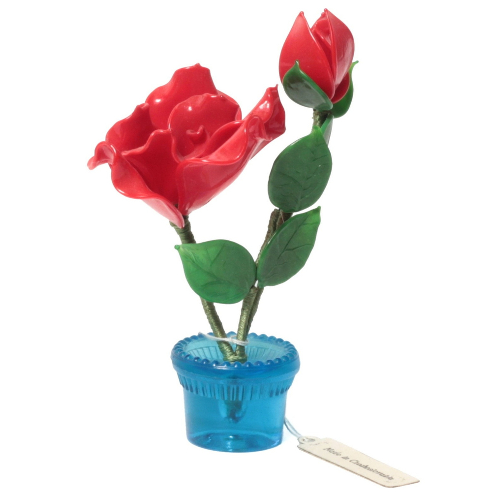Vintage Czech miniature lampwork red glass flower stem in plant pot ornament