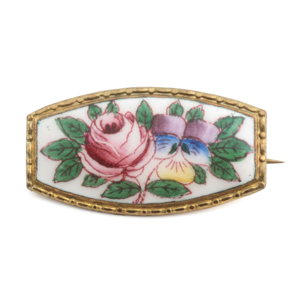 Vintage Czech hand painted rose pansy flower enamel pin brooch