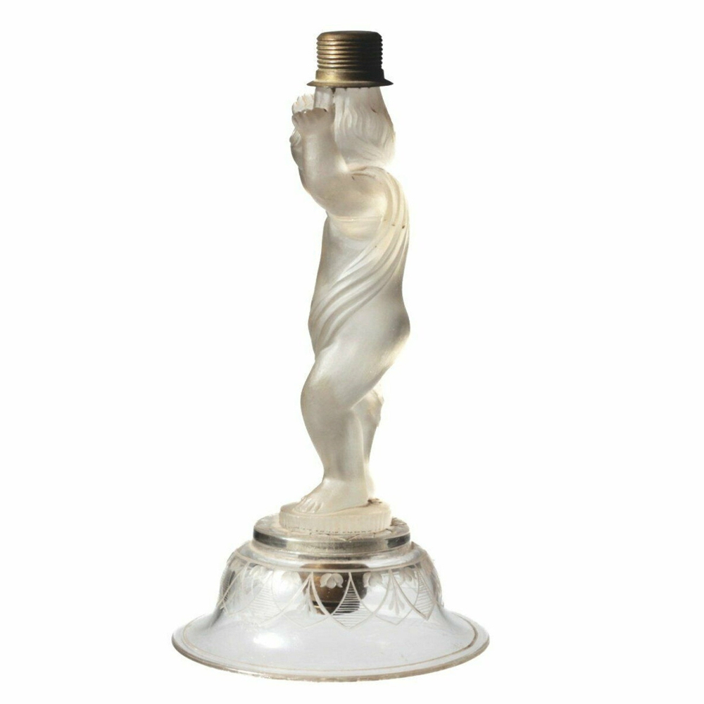 Vintage Czech Deco crystal glass cherub plate, bowl or candle pedestal holder column stem