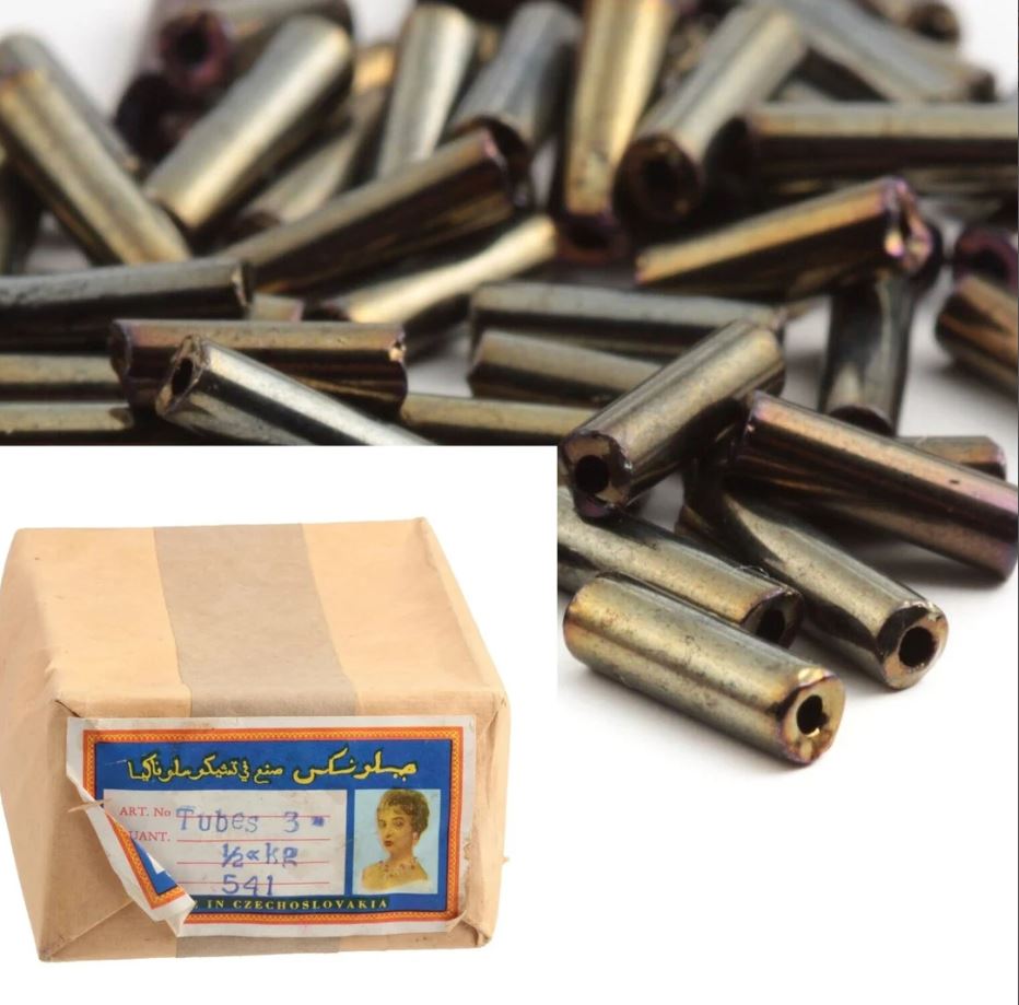 Original 1lb export box 10000 Czech vintage peacock metallic bugle glass beads