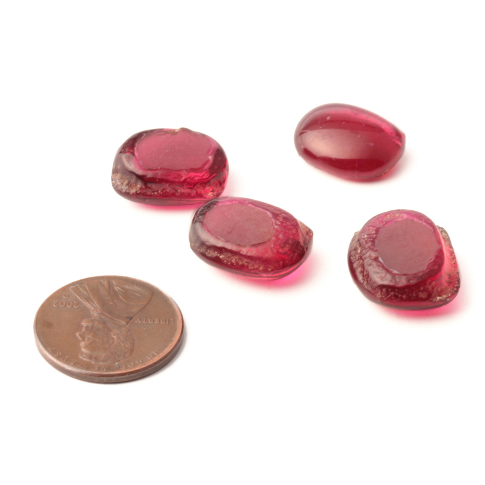 Lot (4) large C19th Czech Bohemian antique cranberry pink glass cabochon drops 