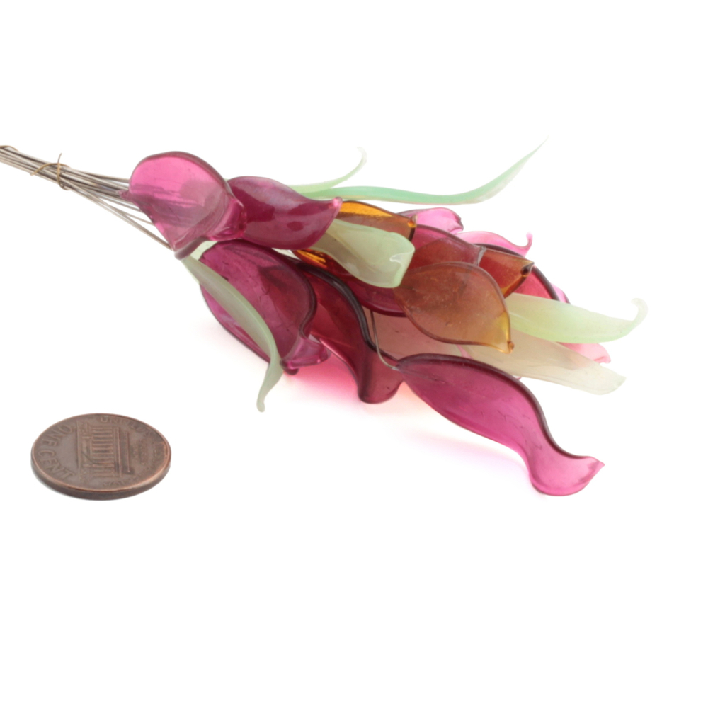 Lot (21) Czech lampwork uranium, pink, amber glass flower leaf petal headpin stems beads