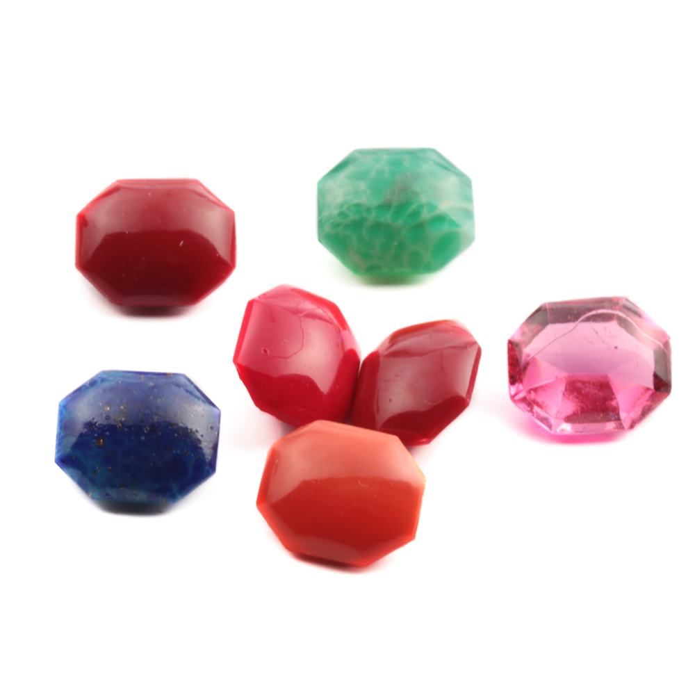 Lot (7) rare Czech vintage red, jade, Lapis and pink octagon glass rhinestones 12x10mm