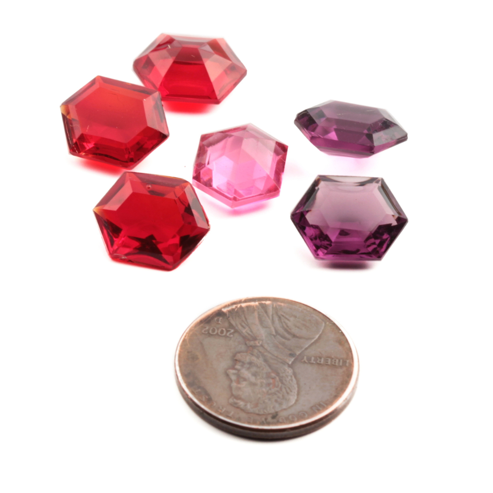 Lot (6) rare Czech vintage ruby red and amethyst hexagon glass rhinestones 13x10mm