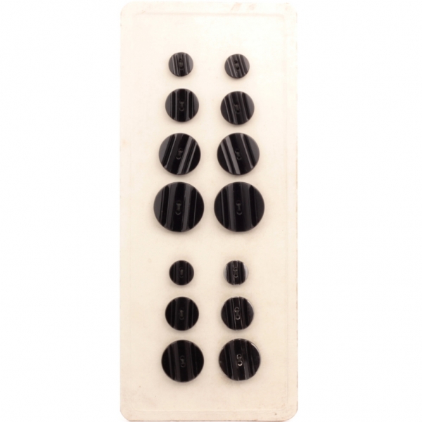 Sample card (14) Czech 1920's geometric ridged jet black glass buttons