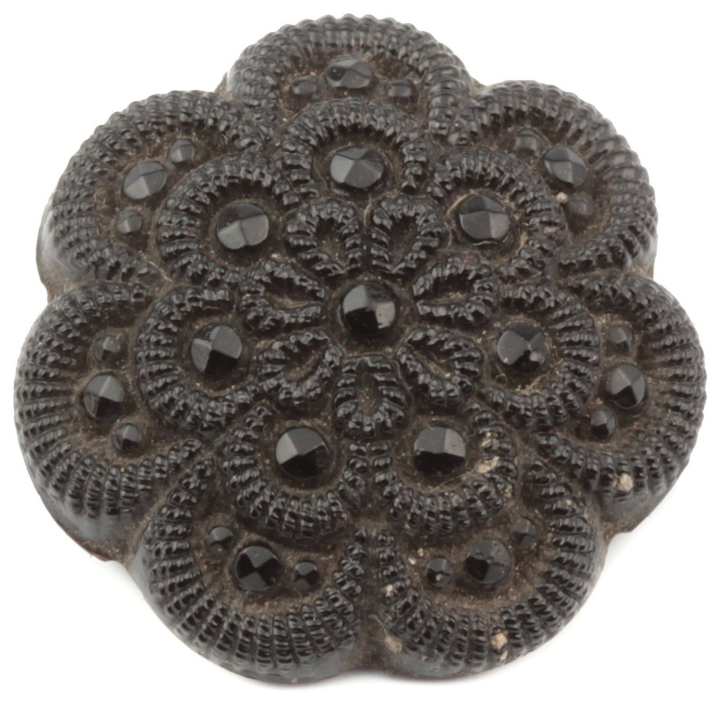 Antique Victorian imitation rhinestone lacy style flower Czech black glass button 19mm
