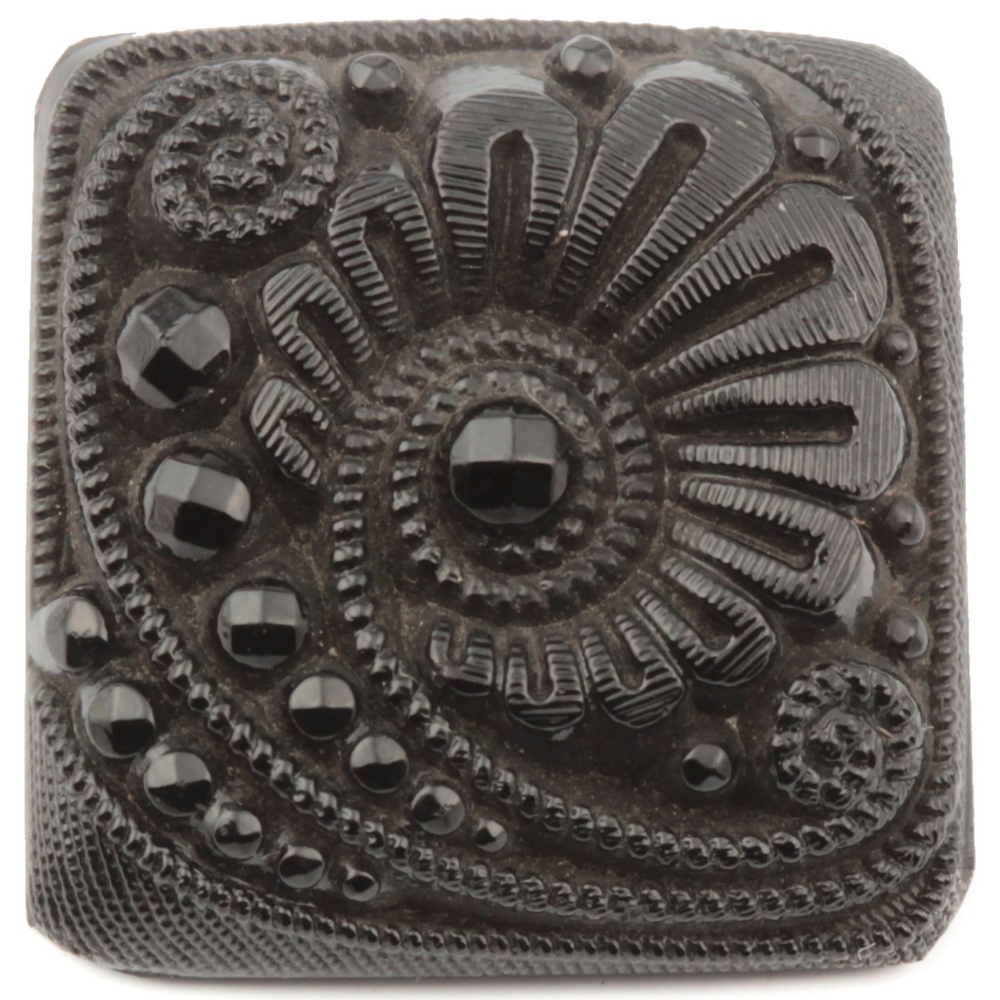 Antique Victorian Czech black glass button imitation rhinestone floral scroll square 17mm