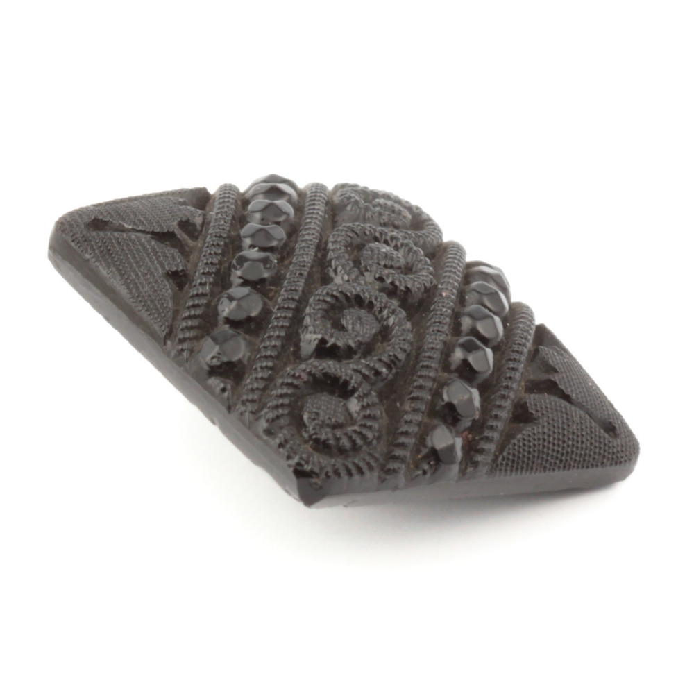 Antique Victorian Czech black glass button imitation rhinestone lacy floral square 17mm