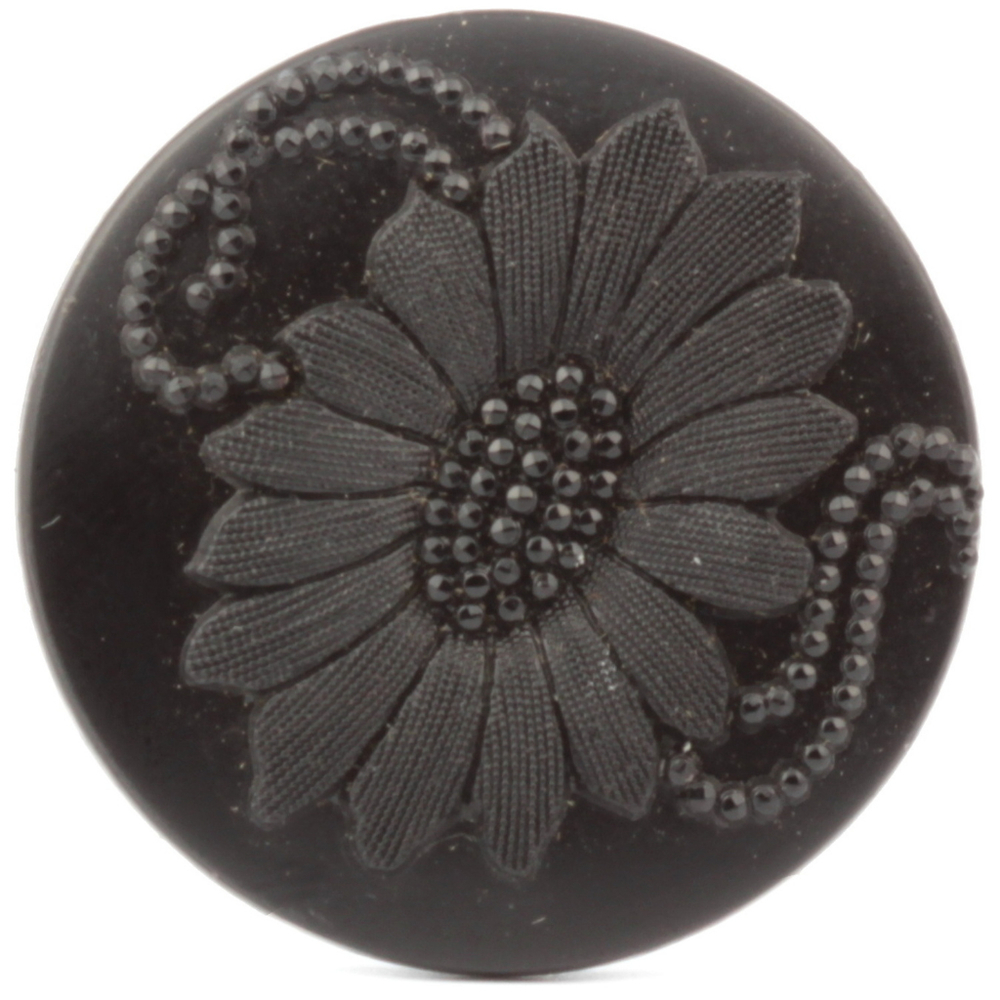 Antique Victorian Czech black glass button imitation rhinestone lacy style flower 27mm