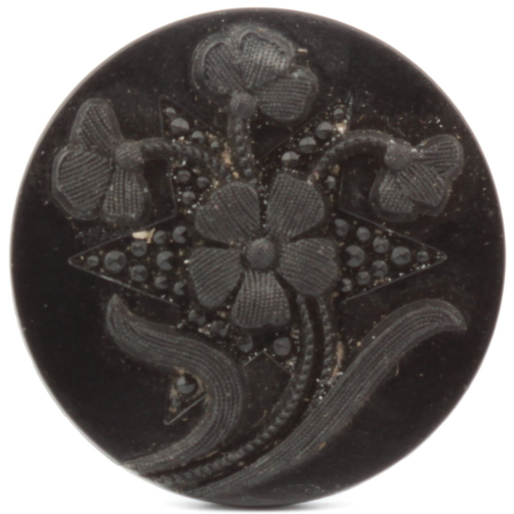 Antique Victorian Czech black glass button imitation rhinestone lacy style floral 27mm
