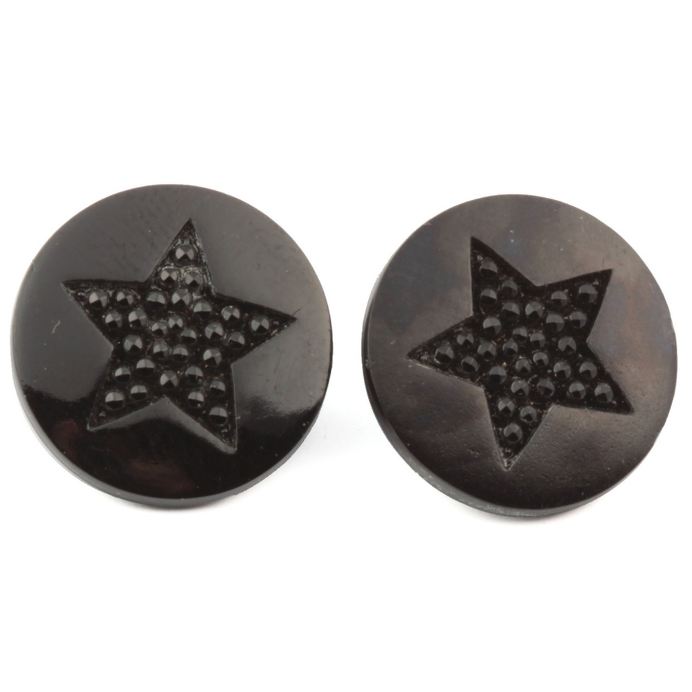 Lot (2) Antique Victorian Czech imitation rhinestone star black glass buttons 14mm