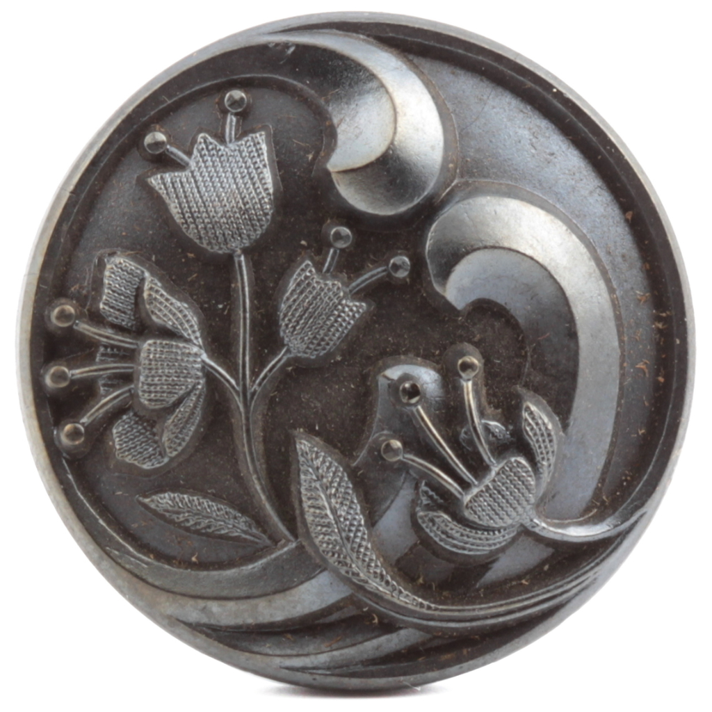 Antique Art Nouveau Czech pewter lustre floral scroll glass button 23mm