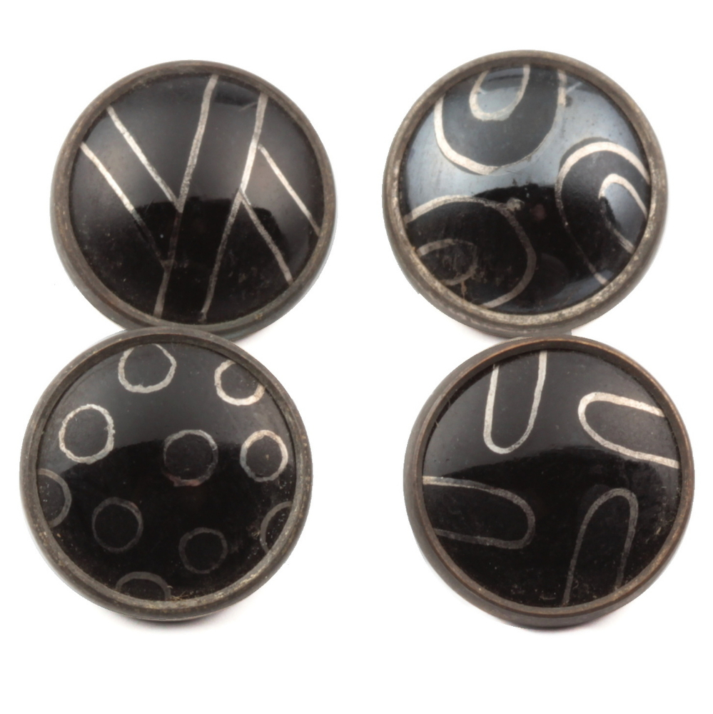 Lot (4) antique Czech 2 part tin mounted silver hand painted black glass cabochon buttons