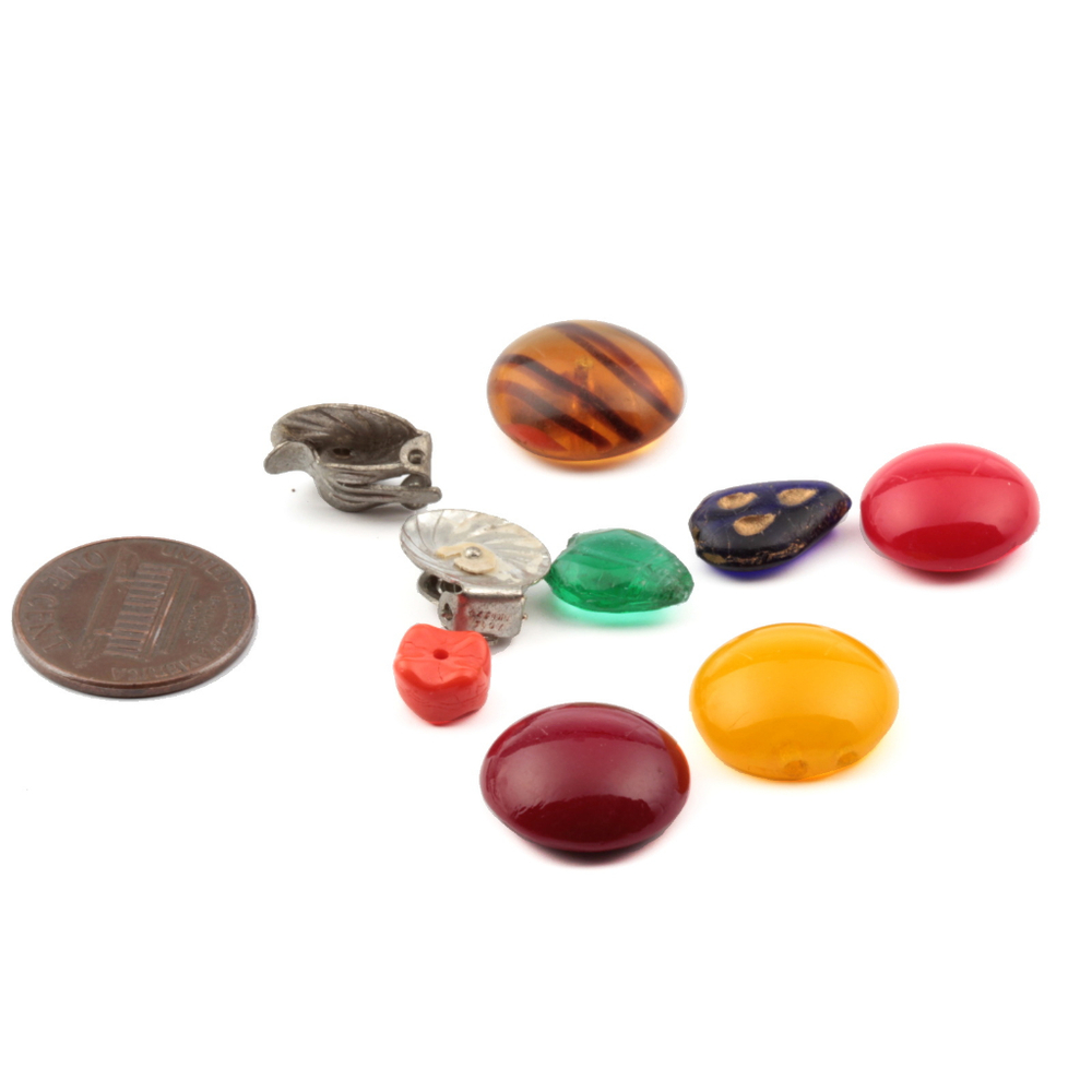 Lot (9) Czech vintage glass beads head pin button elements earring findings