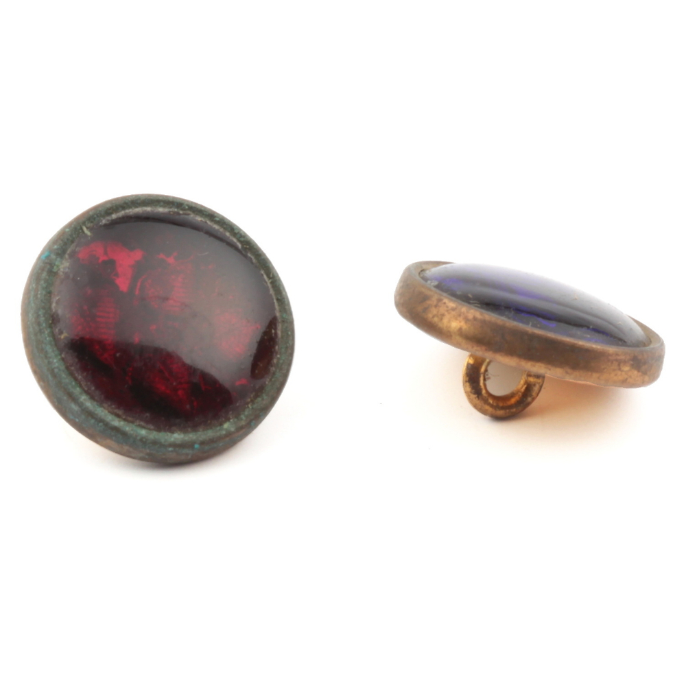 Lot (2) antique Czech 2 part metal mounted reverse foiled red cobalt glass cabochon buttons
