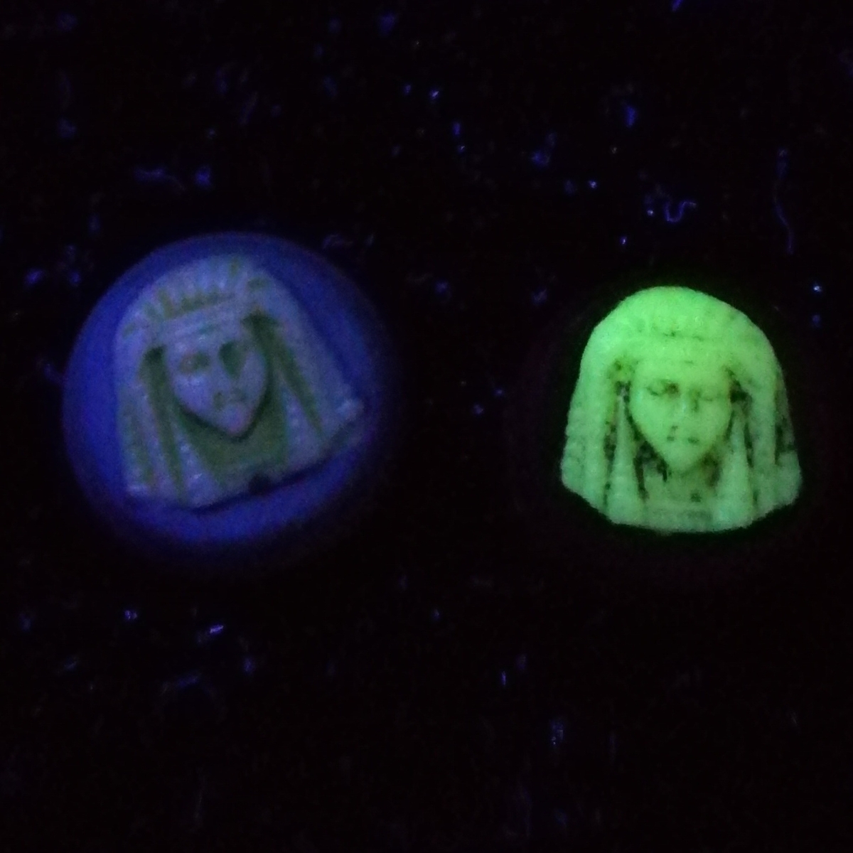 Lot (2) Antique Czech Pharaoh uranium white glass cameo cabochons 