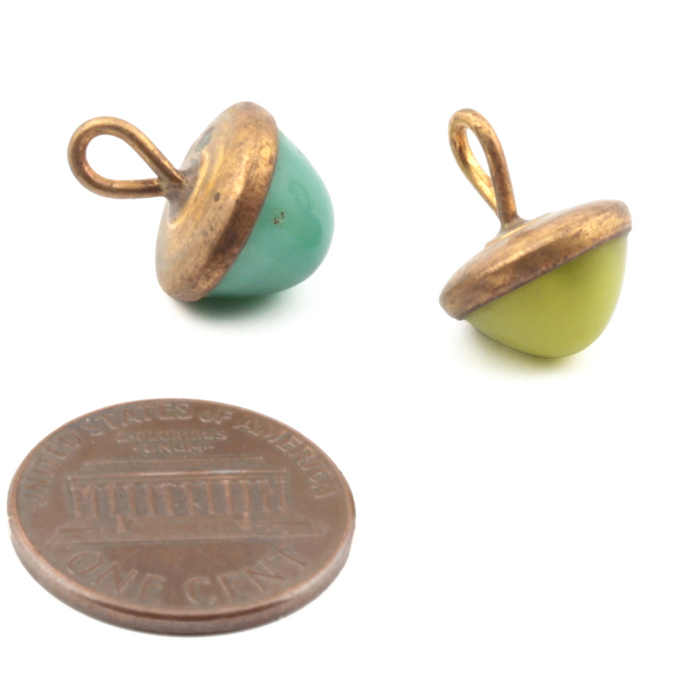 Lot (2) antique Czech 2 part brass mounted yellow green satin moonglow dimi glass cabochon buttons