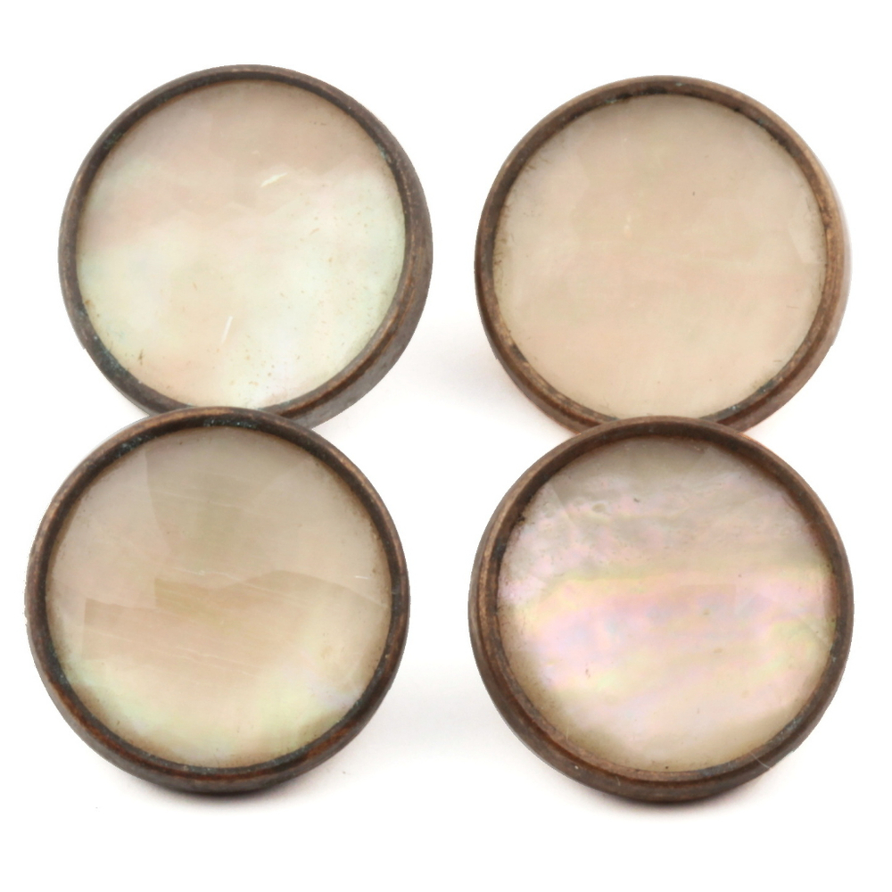 Lot (4) antique Czech 2 part metal mounted iridescent mother of pearl glass cabochon buttons