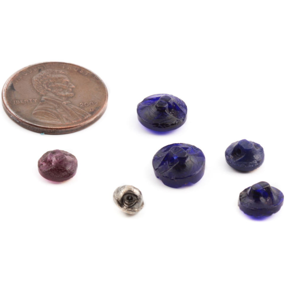 Lot (6) Antique 1800's Czech cranberry, silver and cobalt blue dimi doll glass buttons
