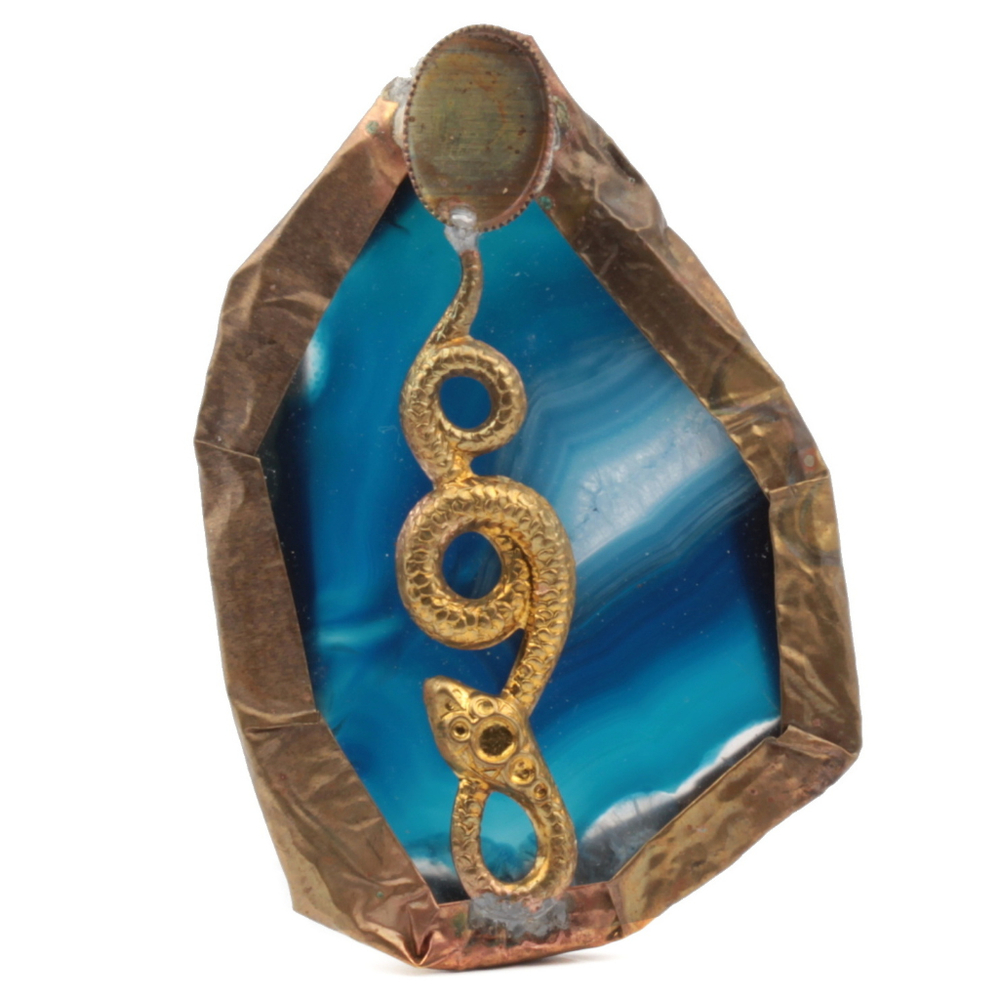 Vintage metal wrapped natural blue agate slice snake serpent necklace pendant jewelry finding