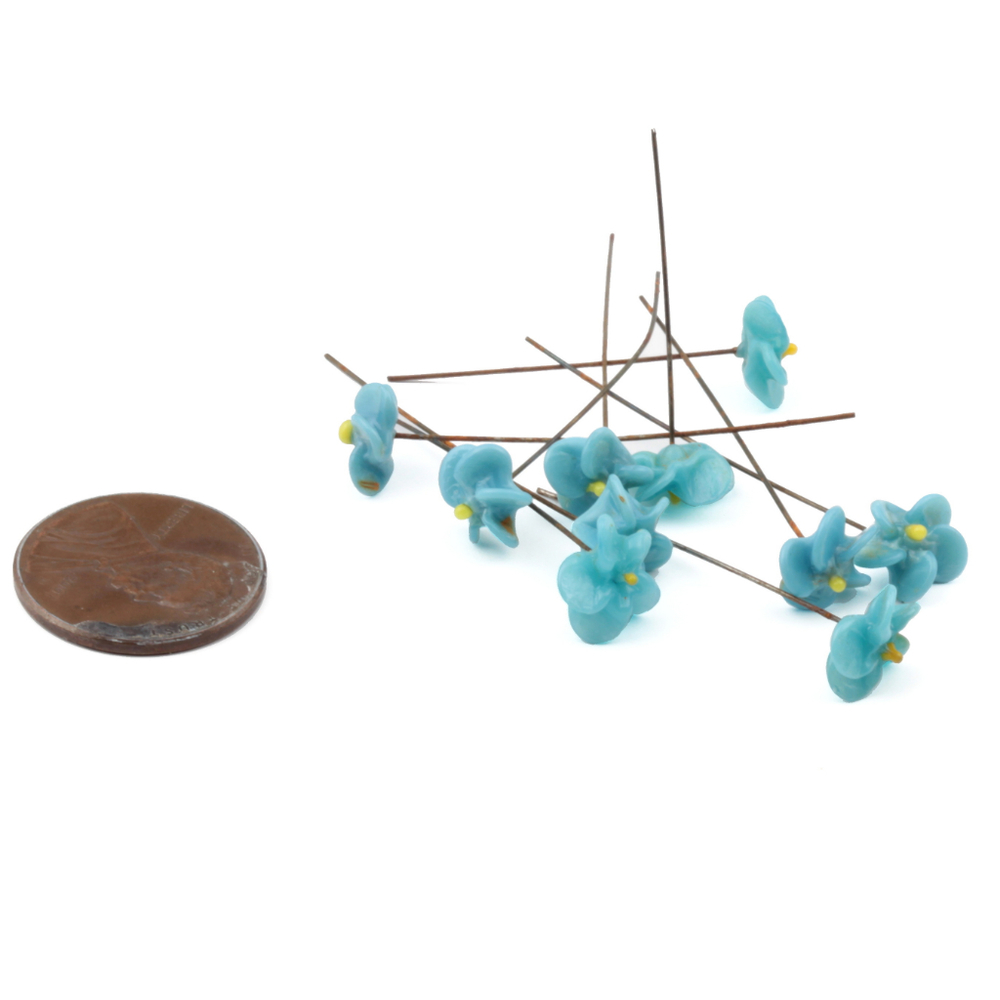 Lot (10) vintage Czech micro lampwork blue glass flower head pin beads