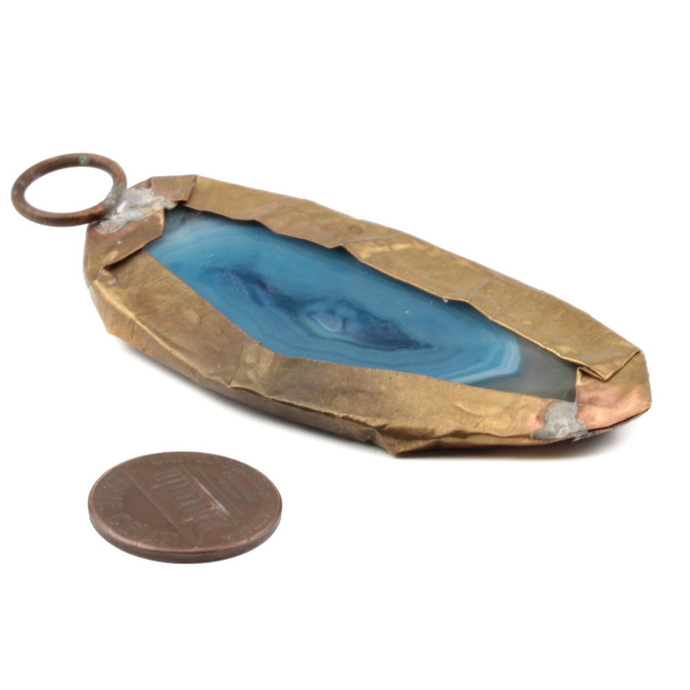 Vintage Art Deco metal wrapped natural blue agate slice necklace pendant finding