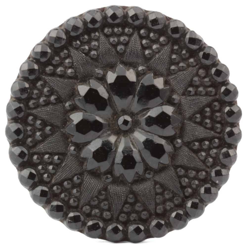 Antique Victorian Czech imitation marcasite flower black glass button 32mm