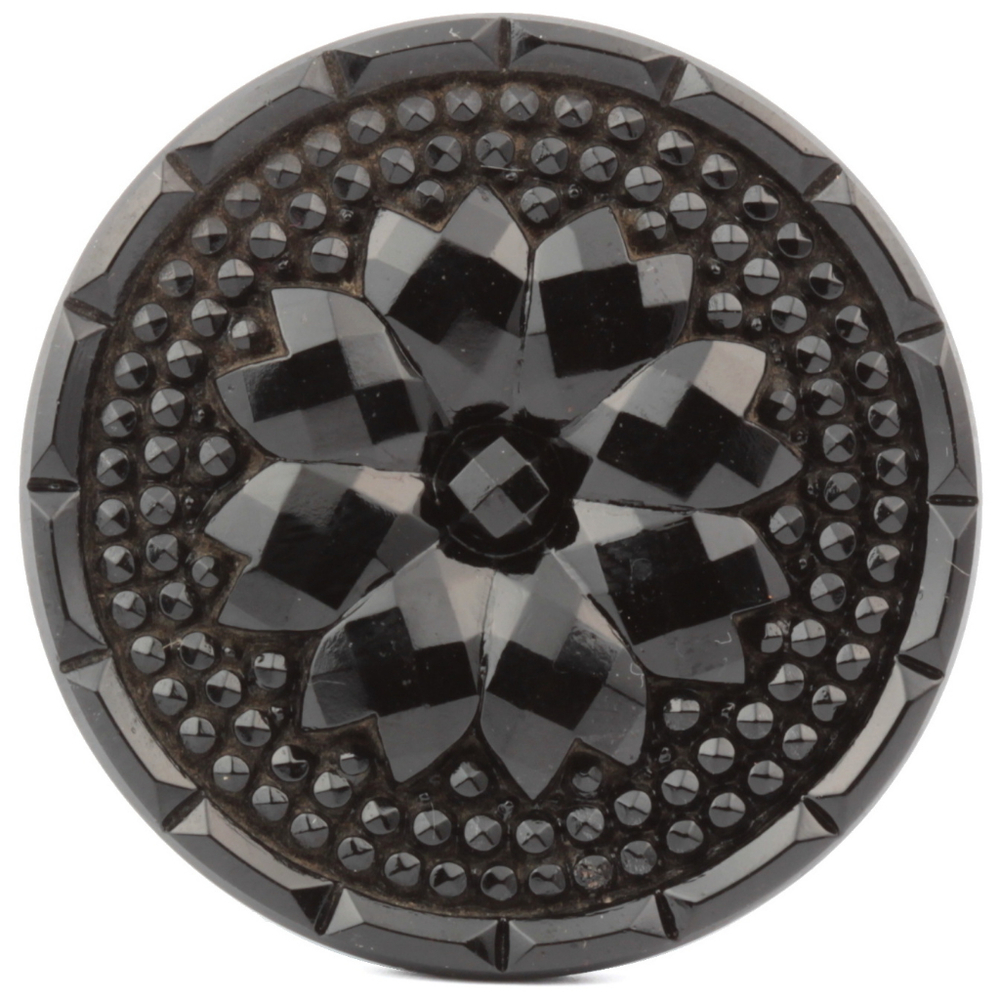 Antique Victorian Czech imitation marcasite flower black glass button 32mm