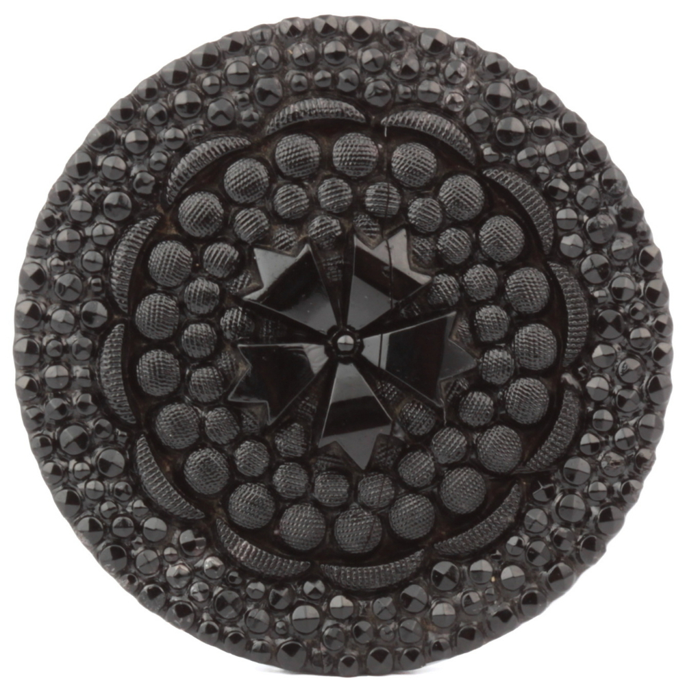 Antique Victorian Czech imitation marcasite lacy flower black glass button 32mm