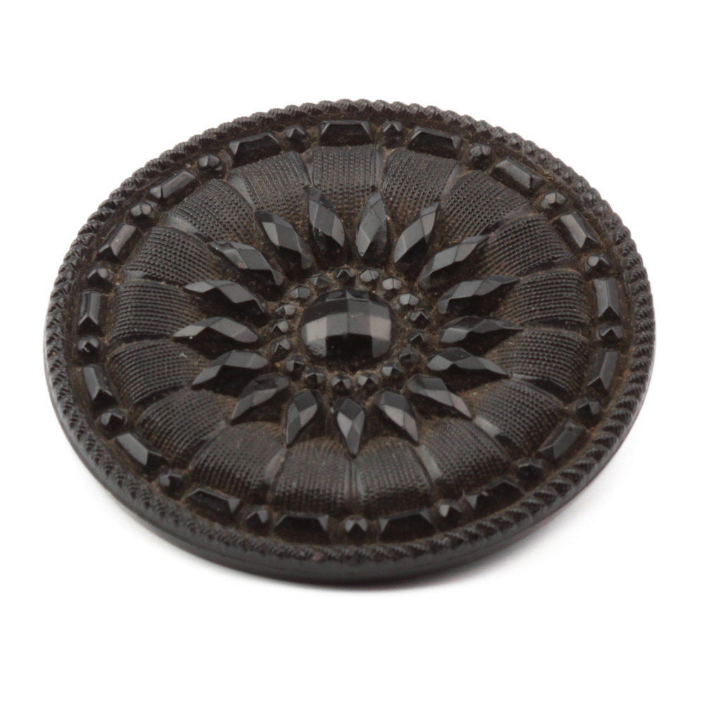 Antique Victorian Czech lacy sunflower black glass button 32mm