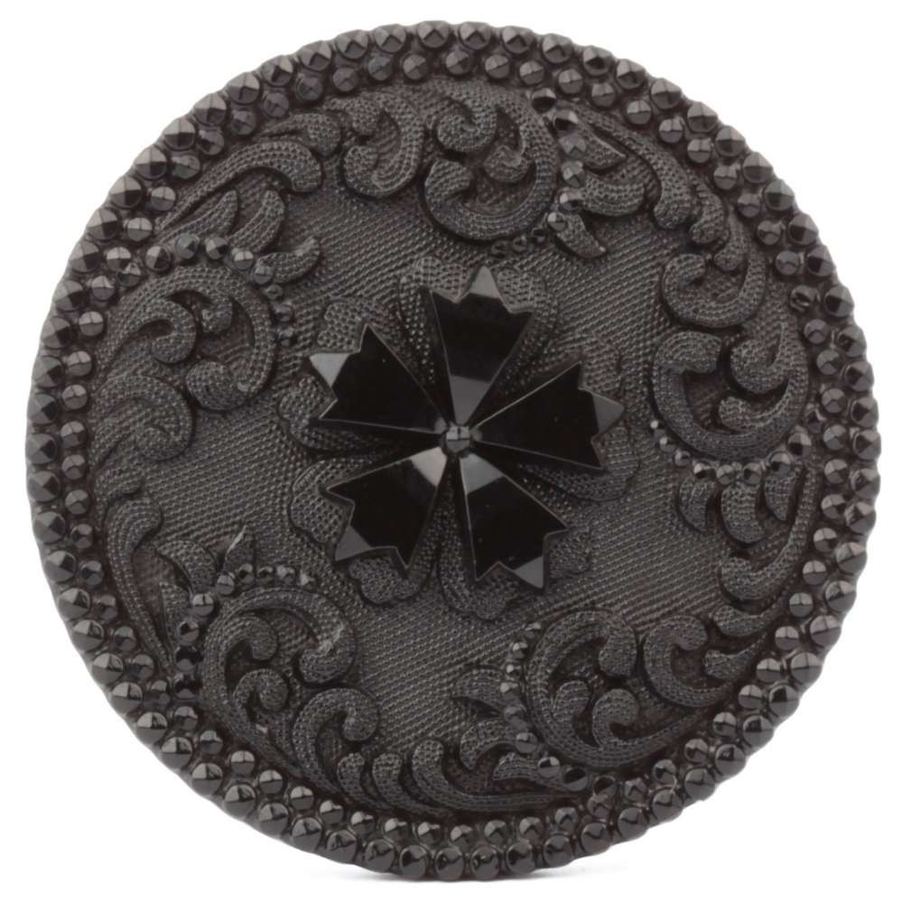 Antique Victorian Czech imitation marcasite lacy flower black glass button 32mm