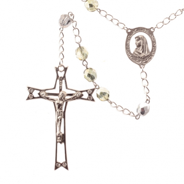 Czech 5 decade metallic crystal green glass bead Catholic rosary crucifix pendant