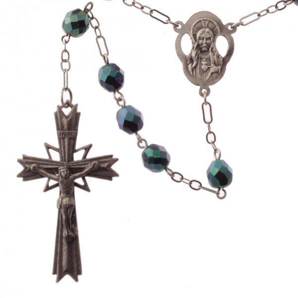 Czech 5 decade peacock vitrail metallic glass bead Catholic rosary crucifix pendant