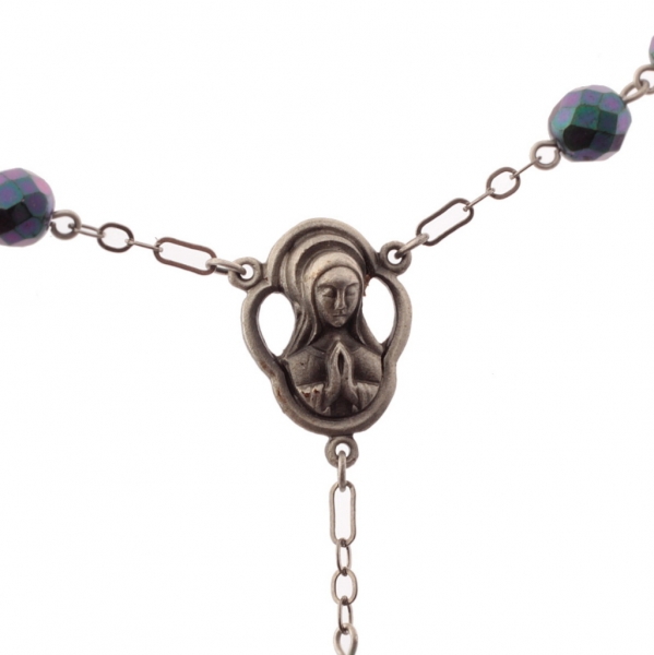 Czech 5 decade peacock vitrail metallic glass bead Catholic rosary crucifix pendant