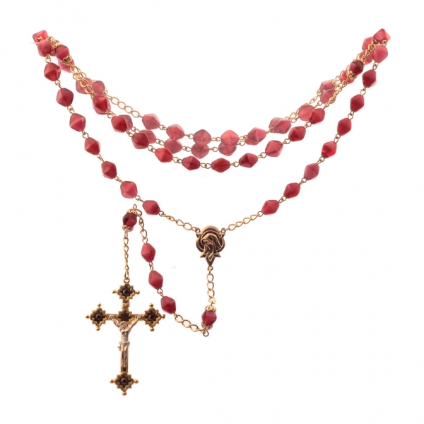 Czech 5 decade red bicolor bicone glass bead Catholic rosary crucifix pendant