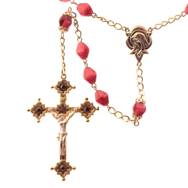 Czech 5 decade red bicolor bicone glass bead Catholic rosary crucifix pendant