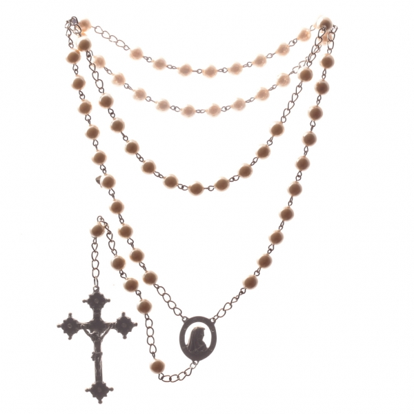Czech 5 decade faux pearl glass bead Catholic rosary crucifix pendant