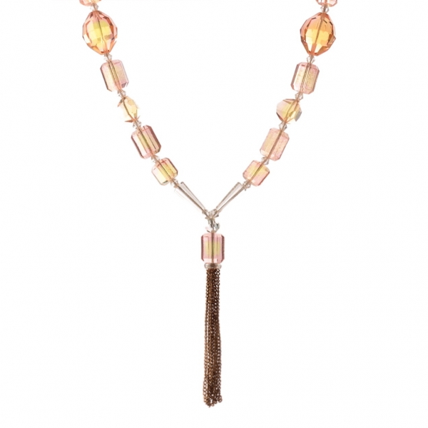 Vintage Czech gold chain tassle necklace Uranium bicolor faceted glass beads