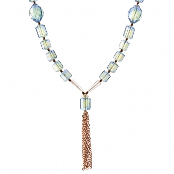 Vintage Czech gold chain tassle necklace Uranium sapphire blue bicolor faceted glass beads