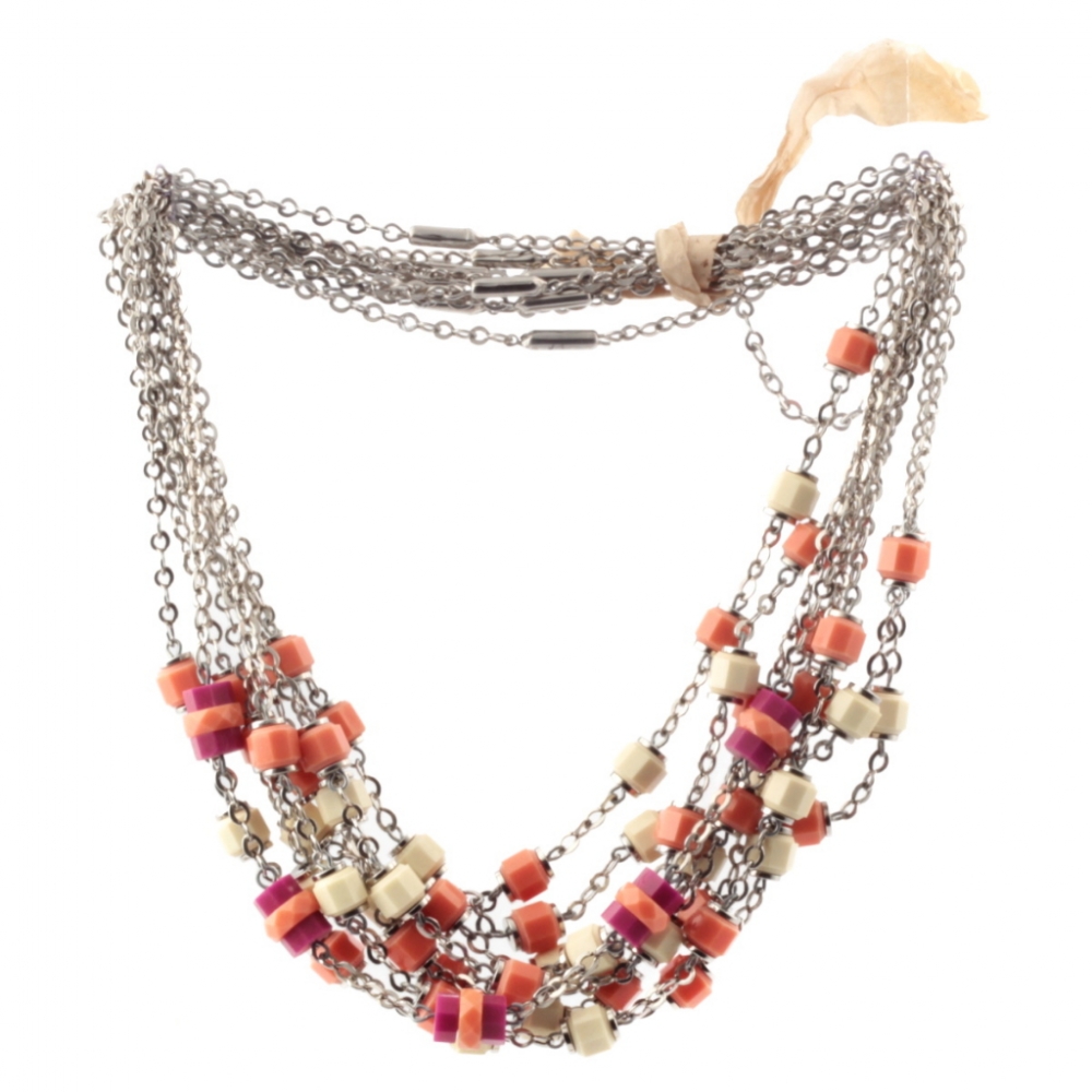 Lot (9) Vintage Art Deco German Bauhaus chrome chain necklaces galalith beige coral fuchsia beads Jakob Bengel 
