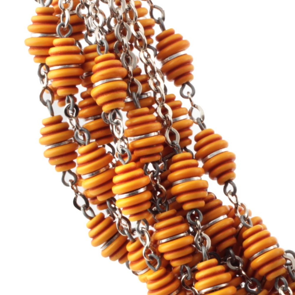 Lot (12) Vintage Art Deco German Bauhaus chrome chain necklaces galalith orange cone beads Jakob Bengel 