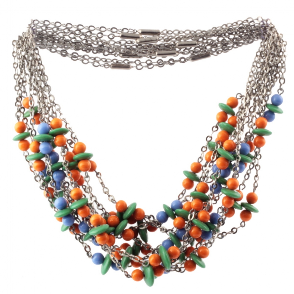 Lot (11) Vintage Art Deco chrome chain necklaces Czech blue green orange glass beads