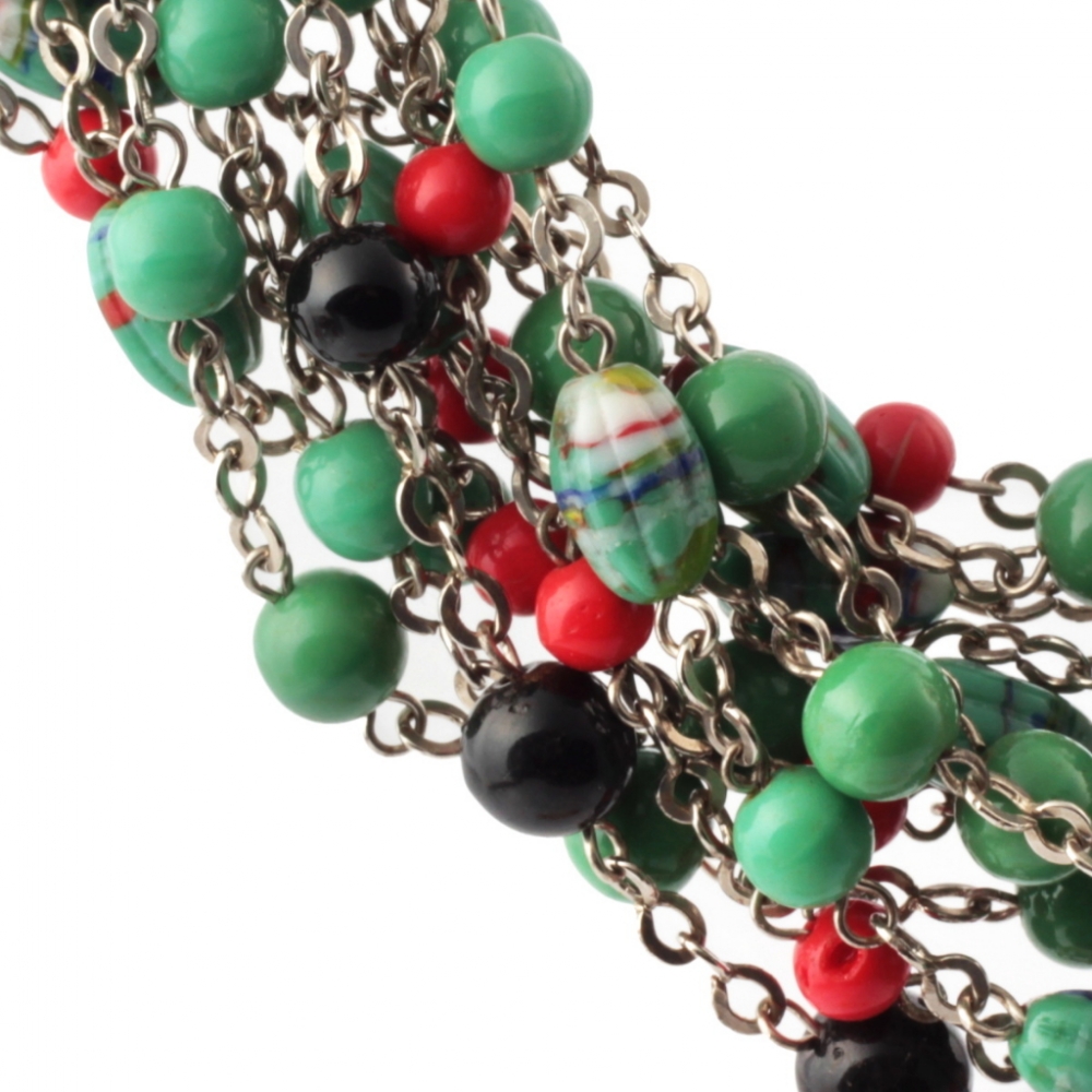 Lot (12) Vintage Art Deco chrome chain necklaces Czech red green black depression glass beads