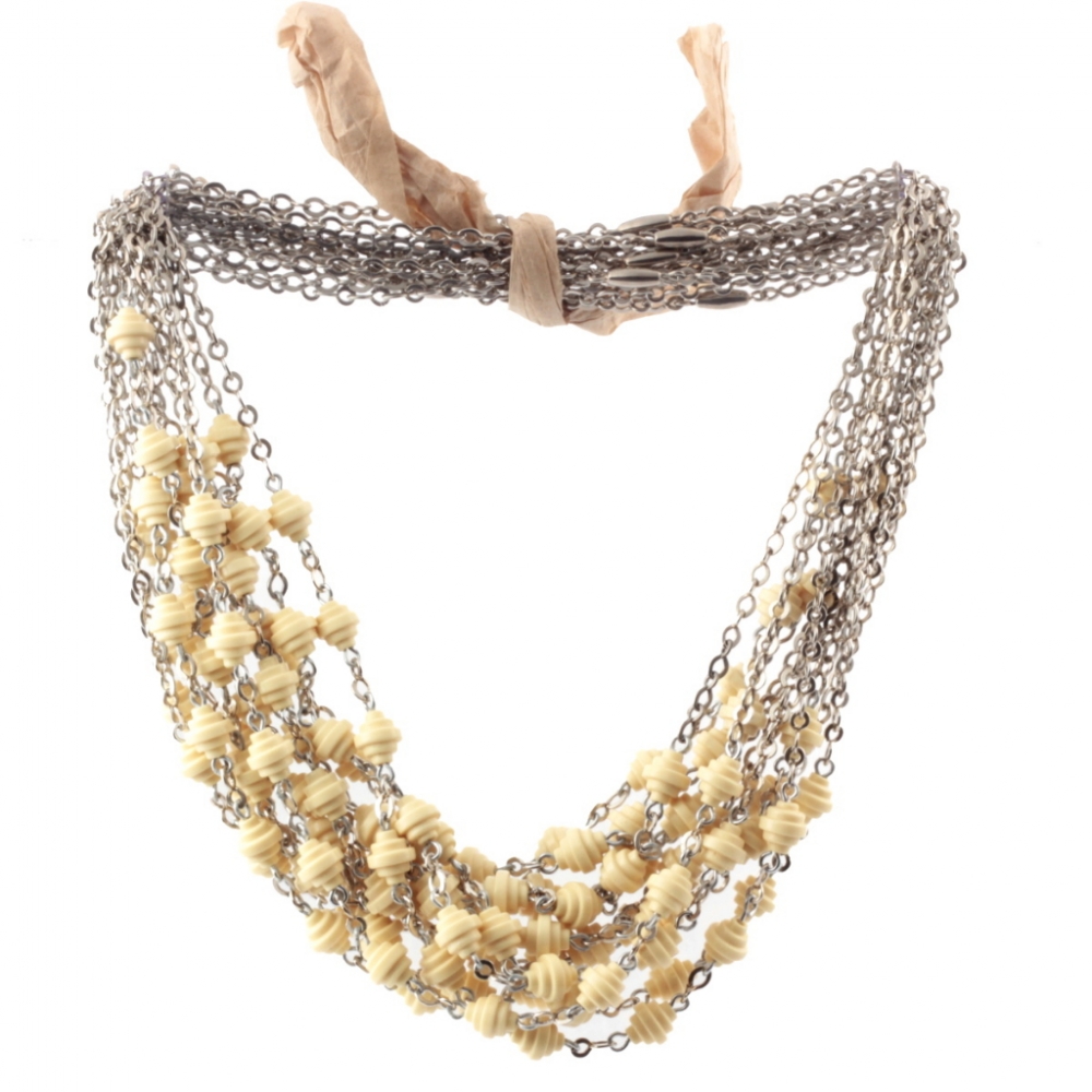 Lot (12) Vintage Art Deco German Bauhaus chrome chain necklaces galalith beige bicone beads Jakob Bengel 