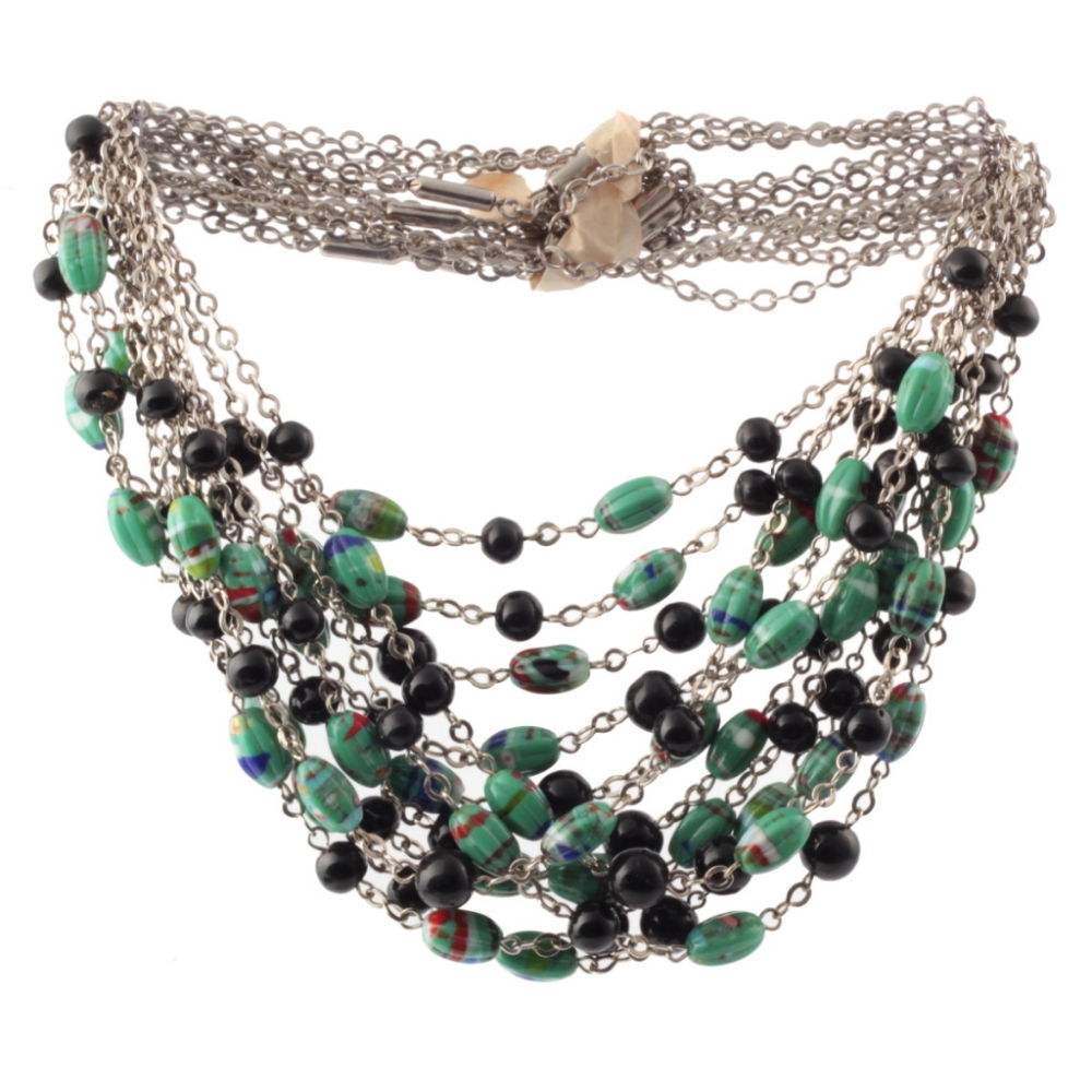 Lot (12) Vintage Art Deco chrome chain necklaces Czech black round green marble melon depression glass beads