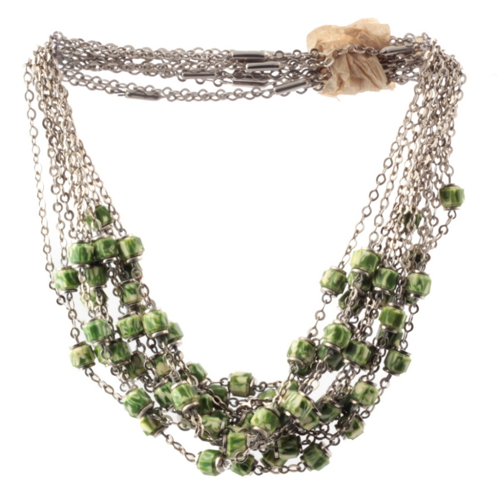 Lot (11) Vintage Art Deco German Bauhaus chrome chain necklaces galalith green marble beads Jakob Bengel 