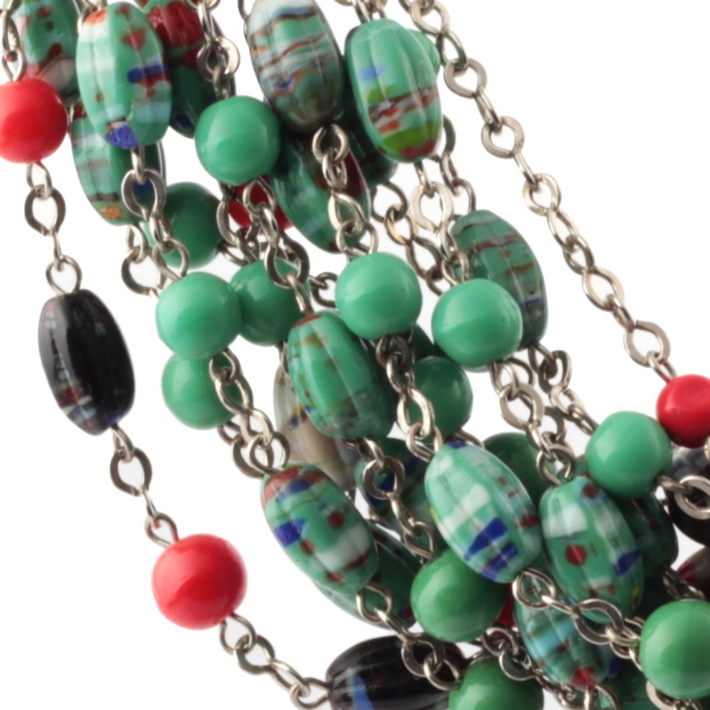 Lot (12) Vintage mixed Art Deco chrome chain necklaces Czech red green black depression glass beads
