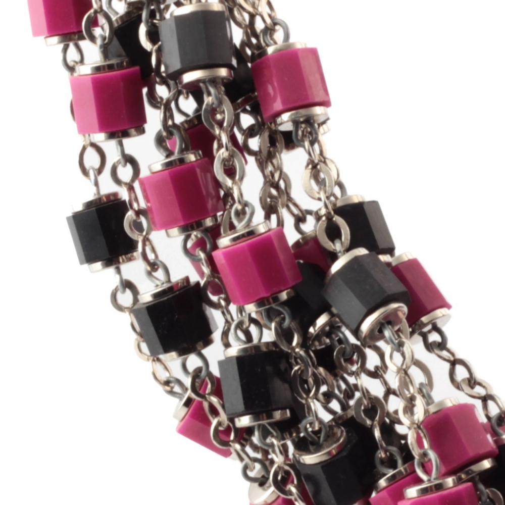 Lot (12) Vintage Art Deco German Bauhaus chrome chain necklaces galalith fuchsia pink black beads Jakob Bengel 