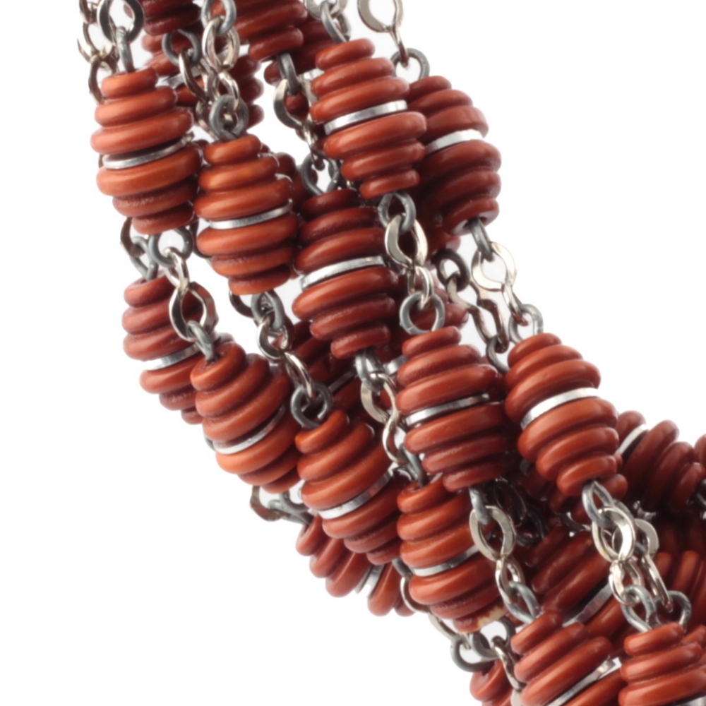 Lot (11) Vintage Art Deco German Bauhaus chrome chain necklaces galalith chocolate cone beads Jakob Bengel 